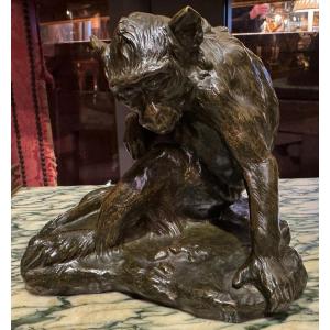 Maurice Roger Marx 1872-1956, Seated Monkey, Bronze Proof With Brown Patina.