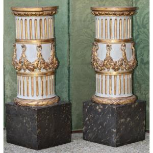 Paire De Colonnes Bois Laqué Et Doré d'époque Louis XVI Vers 1780