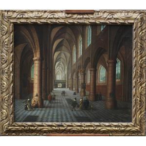 Peter Neefs Le Vieux 1578-1656 Suiveur De,  Intérieur D église, Huile Sur Toile XIX