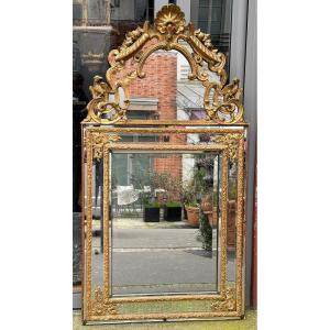 Louis XV Style Fronton Mirror With Parclose, Gilded Wood, 19th Century