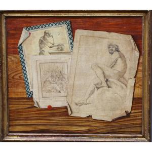 Pompeo Lapi 1778-1818, The 3 Ages Of Life, Trompe l'Oeil With Three Prints.