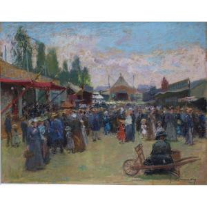 Gustave Dennery 1863-1953, Funfair, Pastel Signed Lower Right