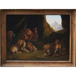 19th Century Belgian School, The Lions Resting, Oil On Wood Signed Waggemans Dated 1840 