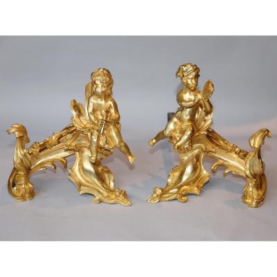 Paire De Chenets En Bronze Doré Style Louis XV