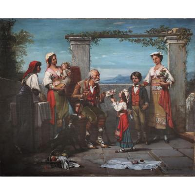 Painting "family Meeting In Naples" XIXth Century