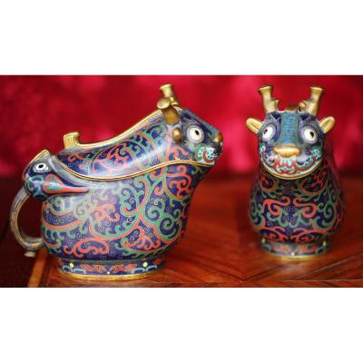 Pair Of Zoomorphic Boxes Enamel Cloisonne, China