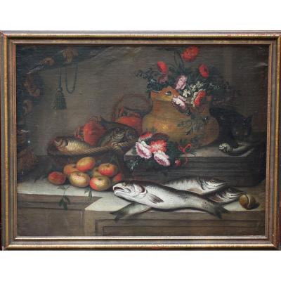 18th Century Italian School, Still Life Fish, Flowers And Cat.