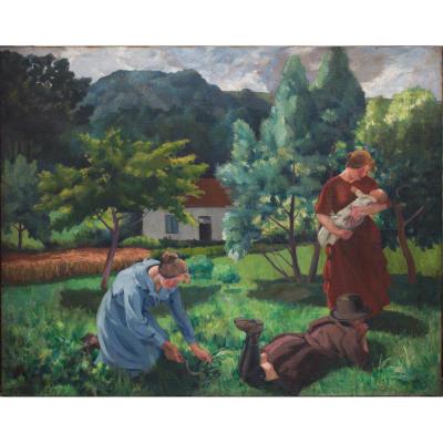 Peinture Début XX "femmes Et Enfant à La Campagne"