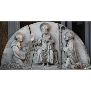 Triptych Bas Relief In Plaster Saint Peter Bishop And Donor