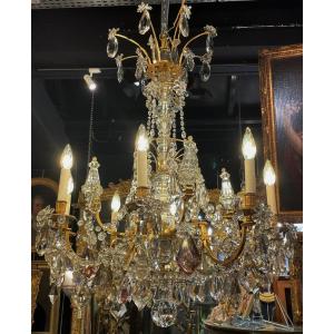 Louis XVI Marie Antoinette Chandelier In Gilt Bronze And Crystals, Early 20th Century