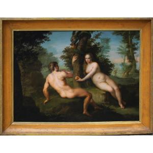 Correggio (after), Adam And Eve, Oil On Panel Around 1800