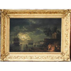 Claude Joseph Vernet (after), The Night A Seaport By Moonlight Early XIXth
