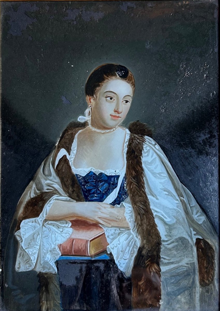 "portrait Of An English Woman In Coat" Fixed Under Glass, 18th Century-photo-3