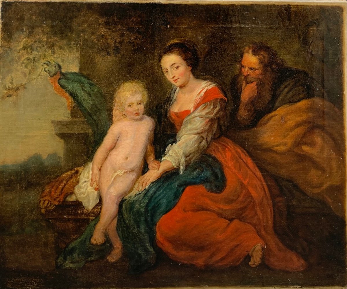 D'après le tableau de Pierre-Paul Rubens, "la sainte famille au perroquet", XIX siècle -photo-2