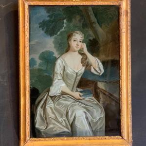 "portrait Of A Quality Lady" Fixed Under Glass, 18th Century, England