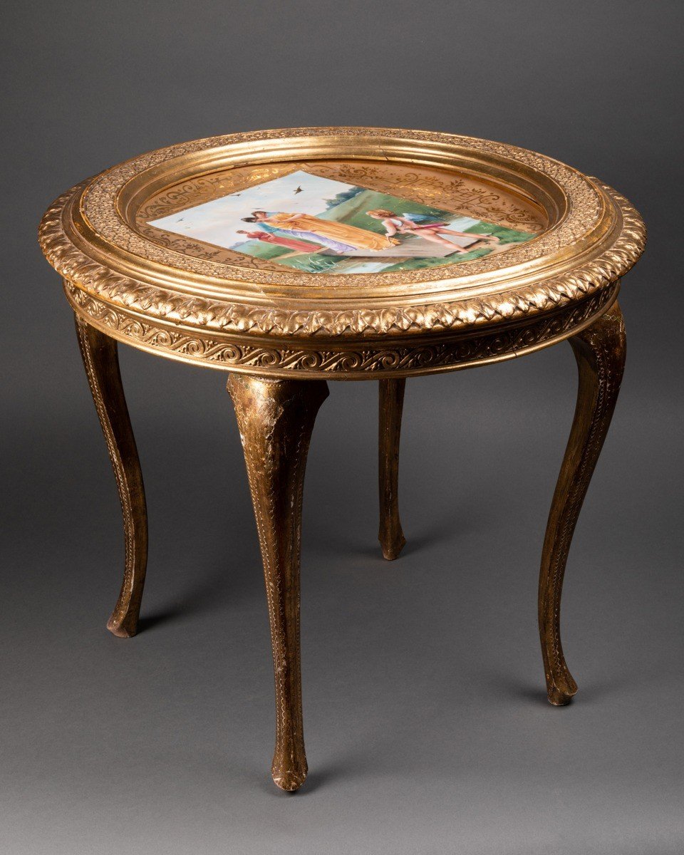 Small Table In Golden Wood, Decorated In Porcelain, Austria, 1920-photo-2