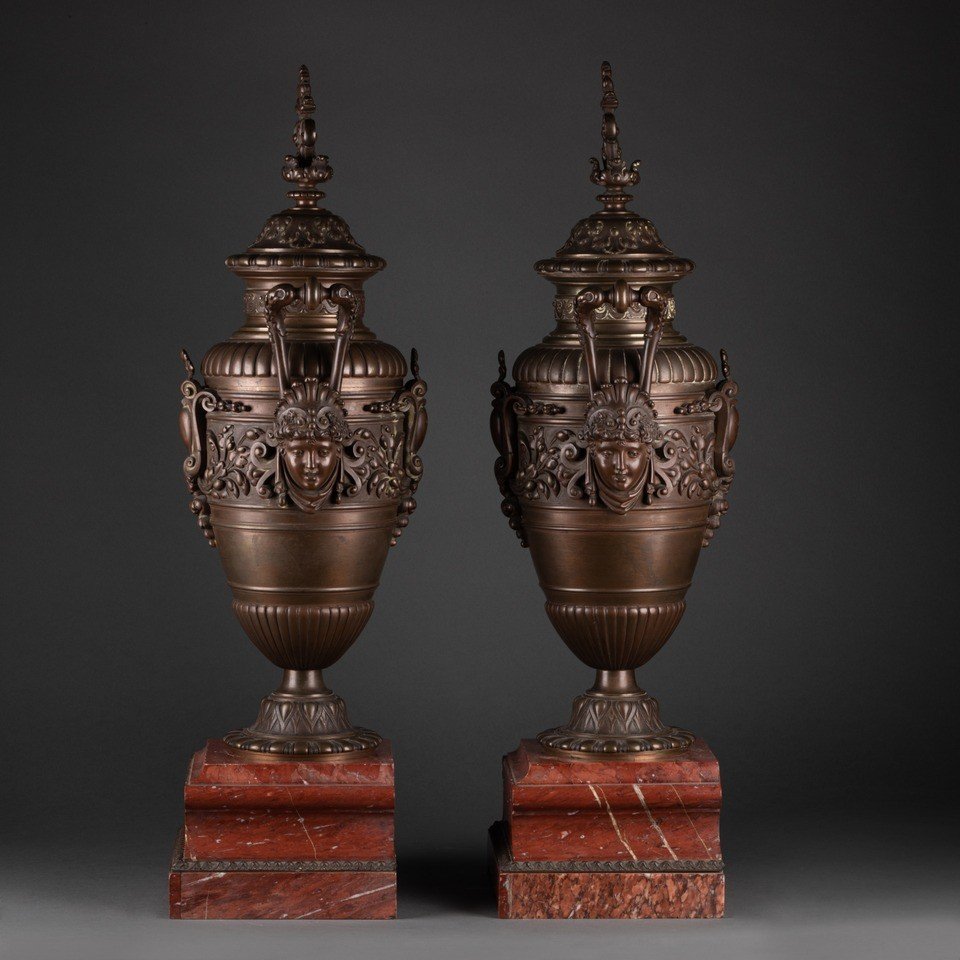 Une Paire De Vases Bronze Patiné Napoléon III, 19e Siècle-photo-2