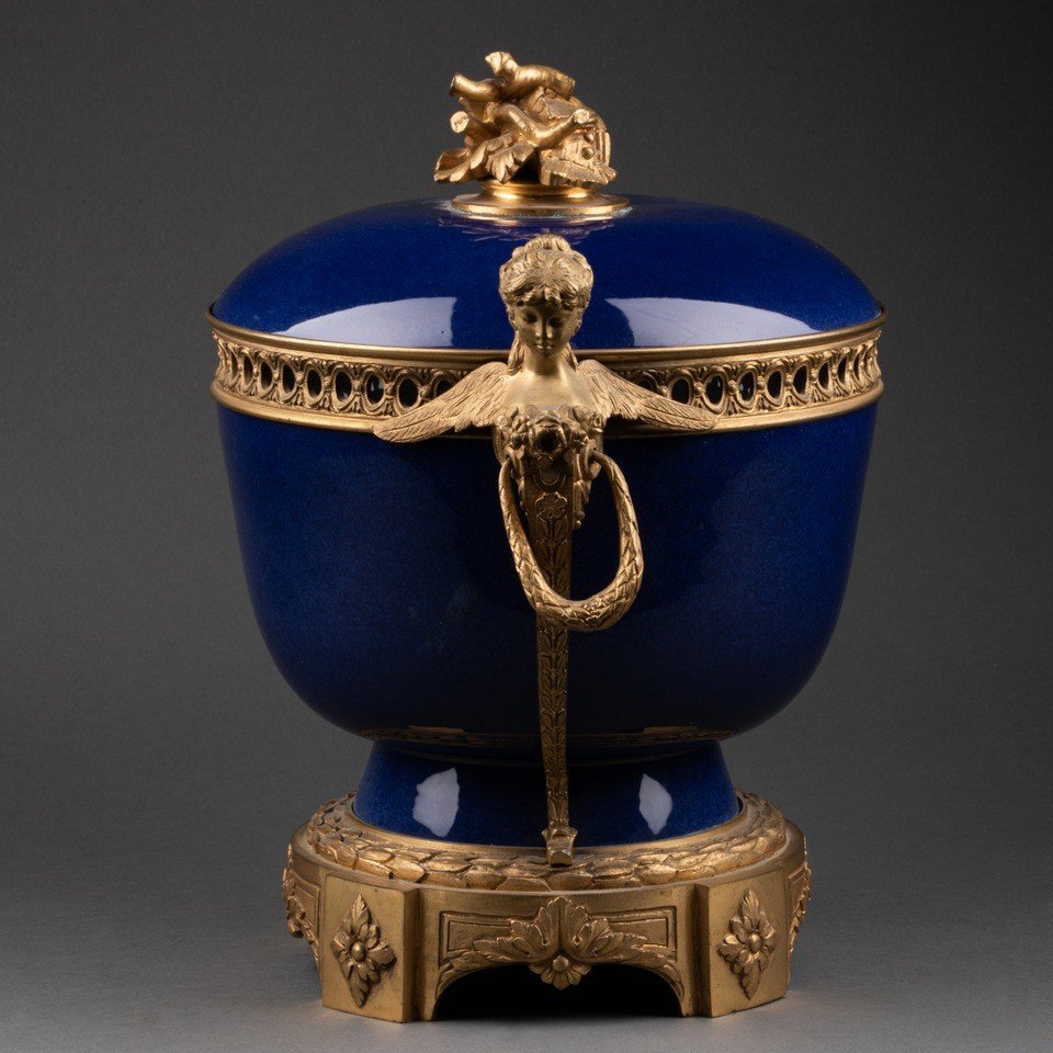 Coupe En Porcelaine Bleu, Bronze Patiné, Style Sèvres, 19e Siècle-photo-2