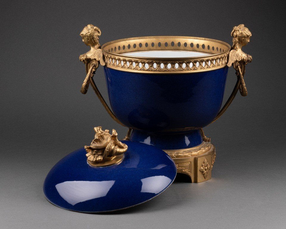 Coupe En Porcelaine Bleu, Bronze Patiné, Style Sèvres, 19e Siècle-photo-3