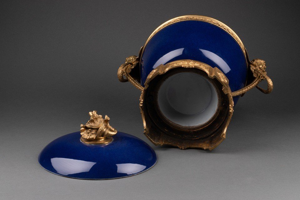 Coupe En Porcelaine Bleu, Bronze Patiné, Style Sèvres, 19e Siècle-photo-4