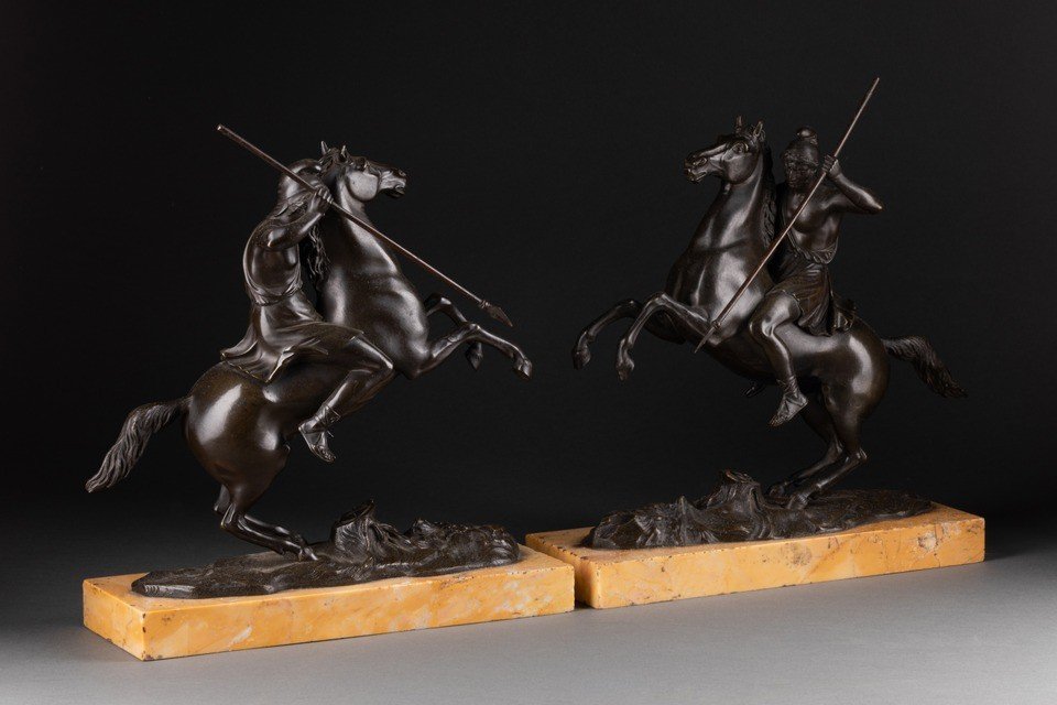 Pair Of Patinated Bronze Rider On Horse 19th Century-photo-2