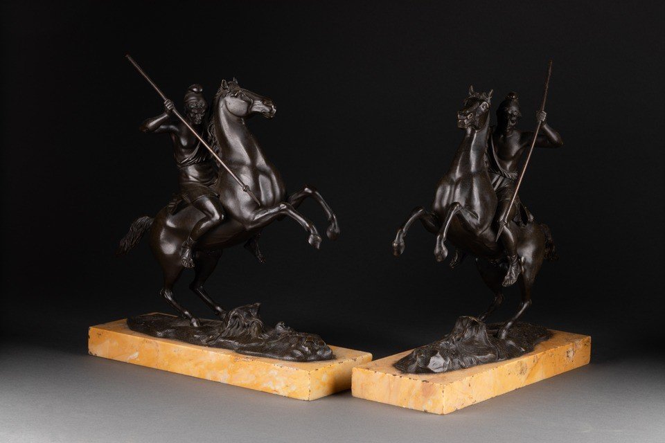 Pair Of Patinated Bronze Rider On Horse 19th Century-photo-3