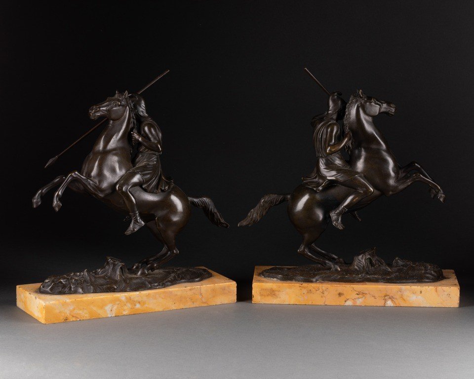 Pair Of Patinated Bronze Rider On Horse 19th Century-photo-4