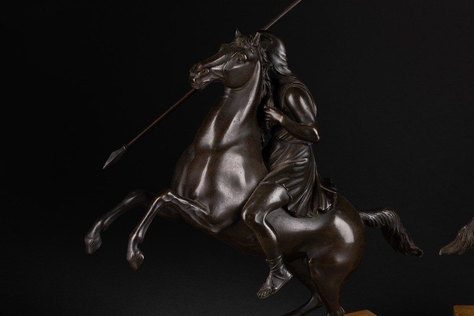 Pair Of Patinated Bronze Rider On Horse 19th Century-photo-1