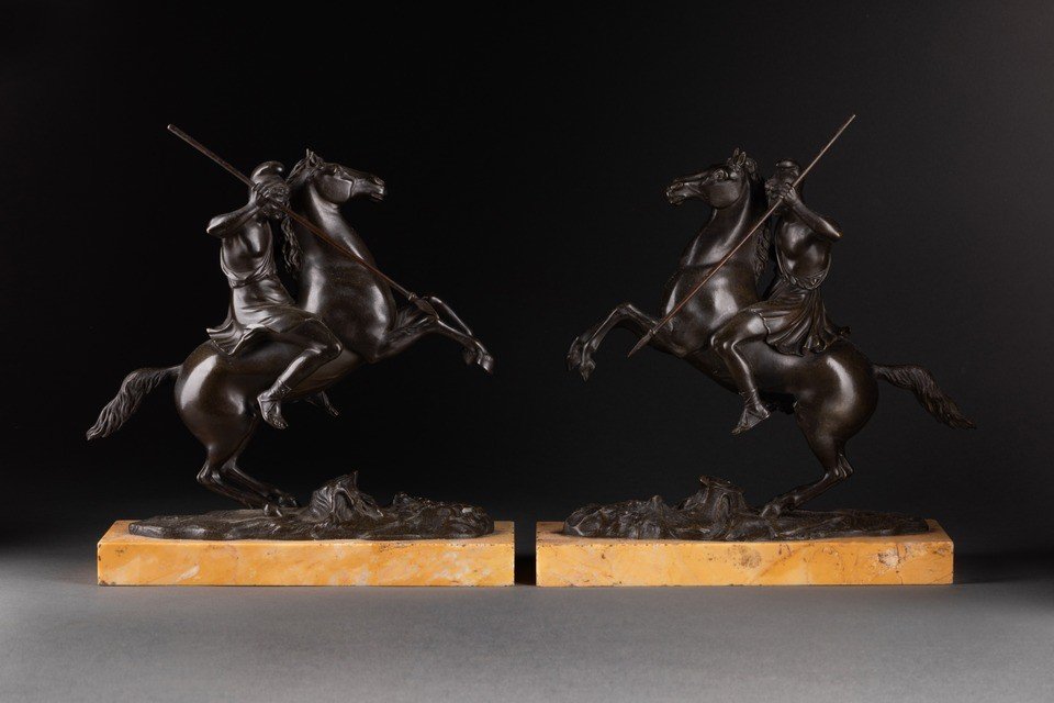 Pair Of Patinated Bronze Rider On Horse 19th Century