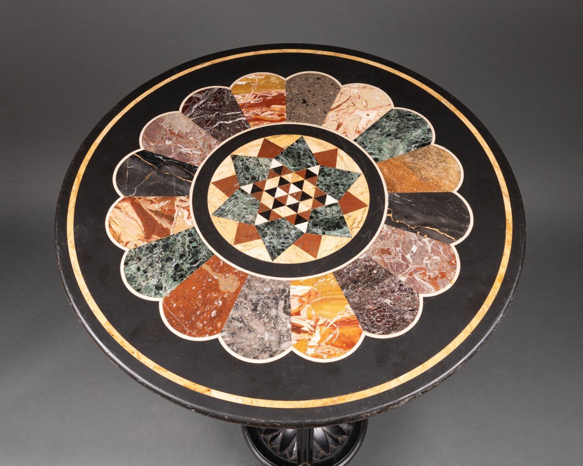 Napoleon III Round Table In Marble Marquetry And Black Lacquered Wood 19th Century France-photo-4