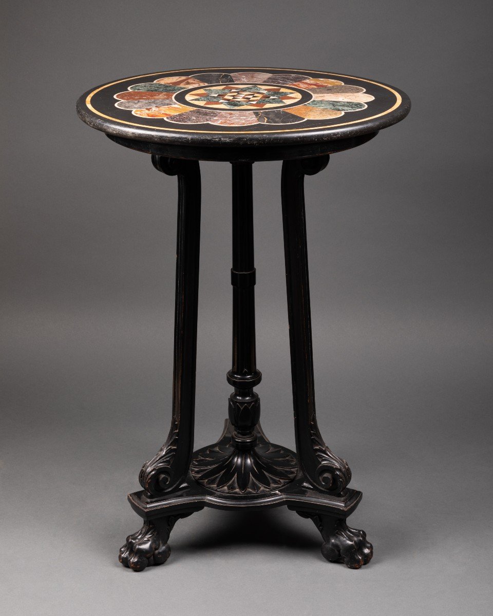 Napoleon III Round Table In Marble Marquetry And Black Lacquered Wood 19th Century France