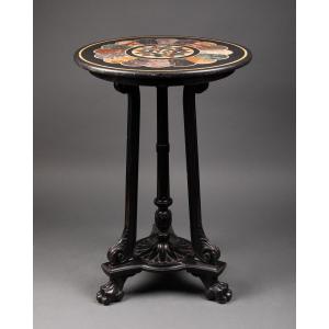 Napoleon III Round Table In Marble Marquetry And Black Lacquered Wood 19th Century France