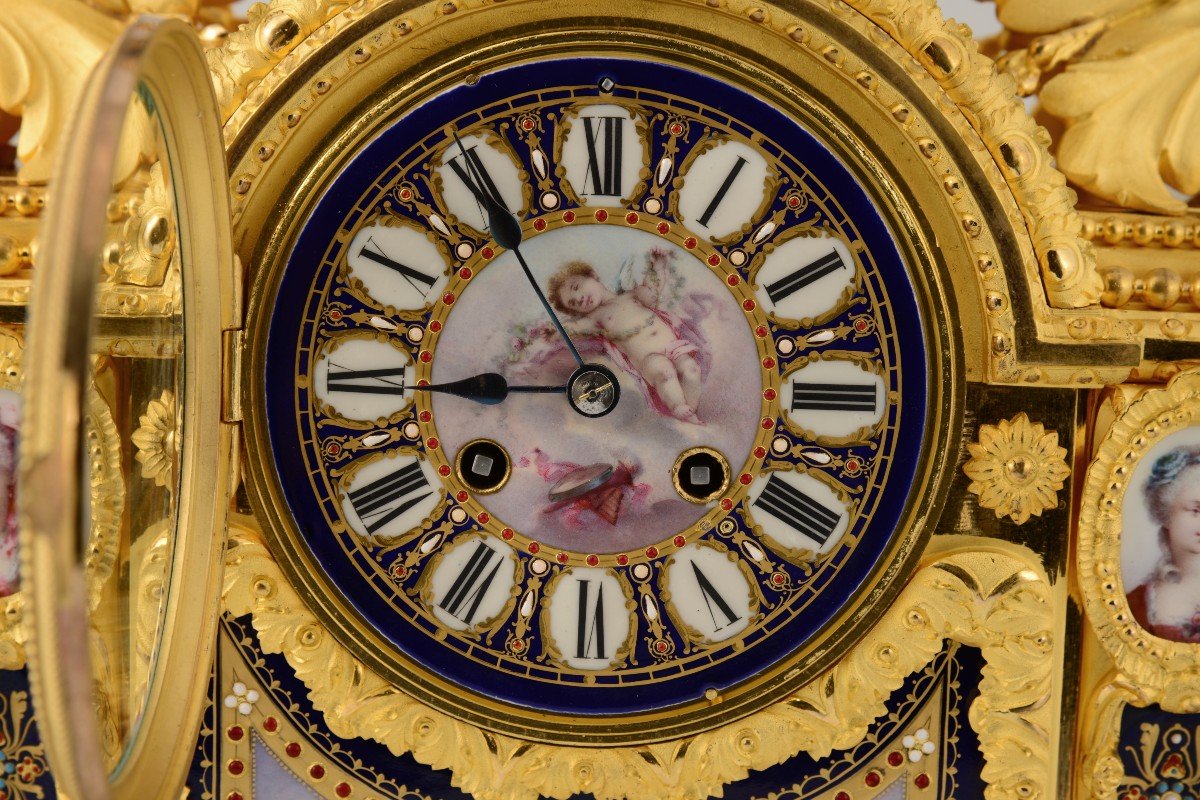 Clock Set. Porcelain And Gilt Bronze. France, 19th Century.-photo-4