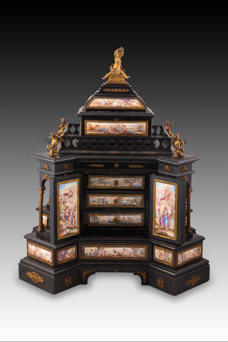 Viennese Table Jewelry Box. Wood, Enamels, Bronze. Austria, Second Half Of The 19th Century.-photo-2