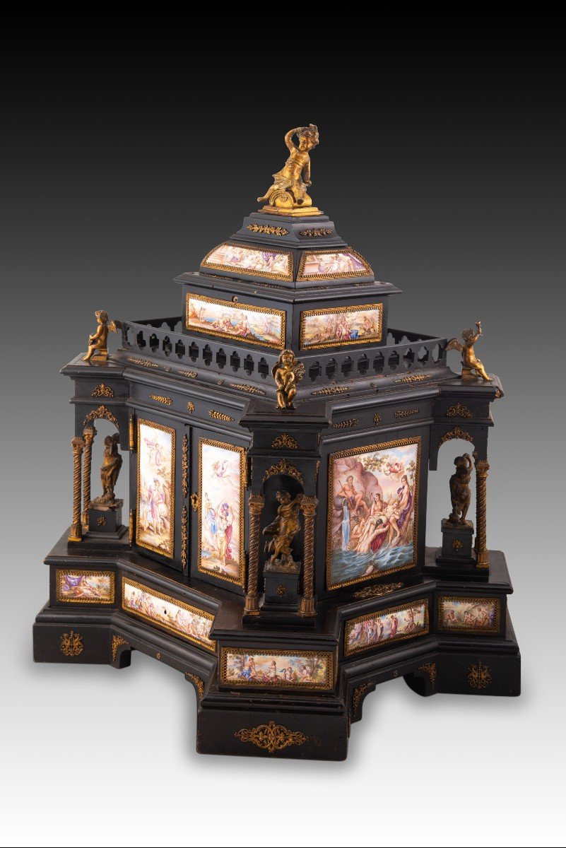 Viennese Table Jewelry Box. Wood, Enamels, Bronze. Austria, Second Half Of The 19th Century.-photo-3