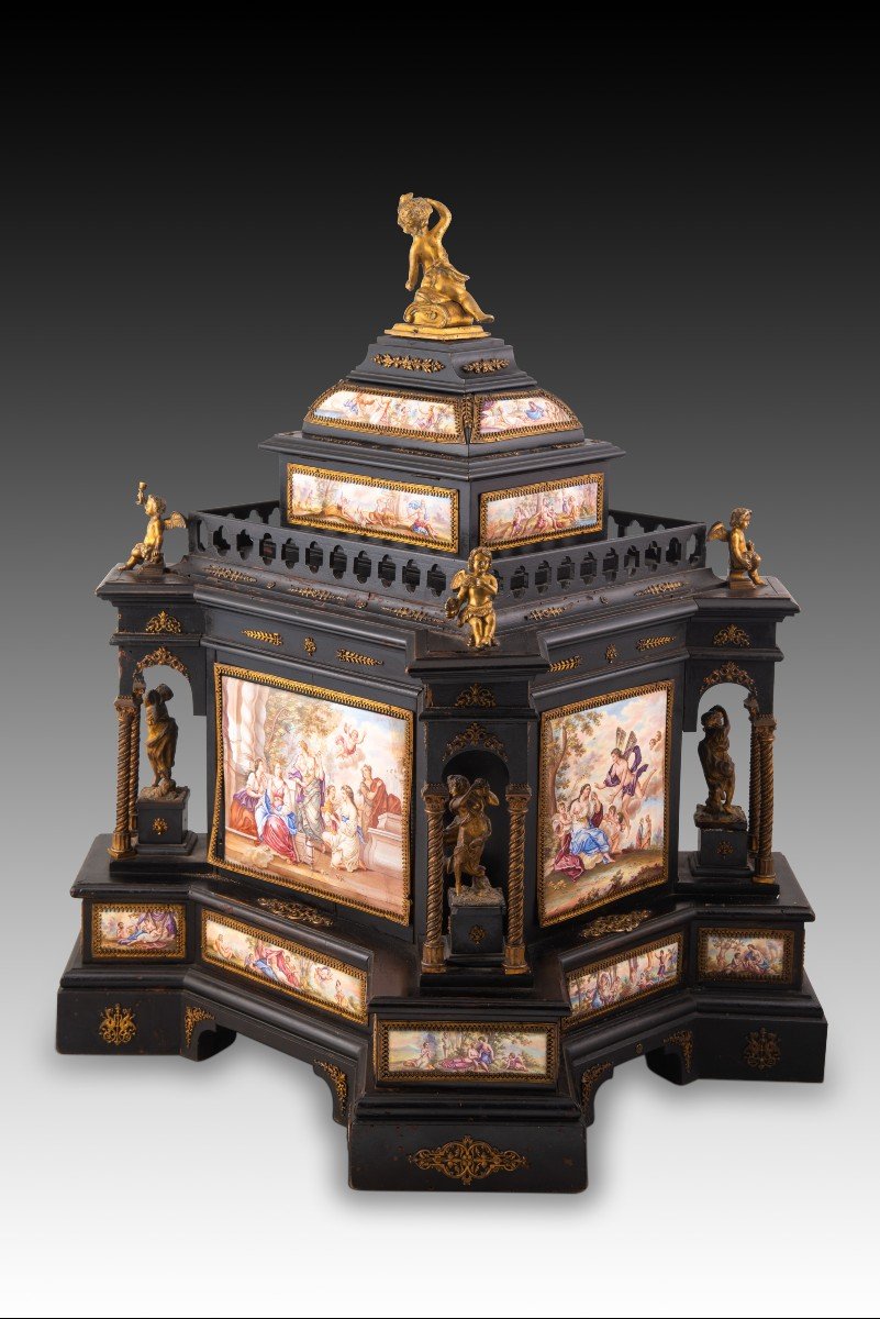 Viennese Table Jewelry Box. Wood, Enamels, Bronze. Austria, Second Half Of The 19th Century.-photo-3