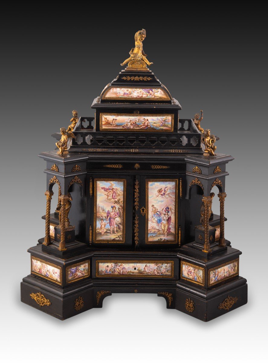 Viennese Table Jewelry Box. Wood, Enamels, Bronze. Austria, Second Half Of The 19th Century.