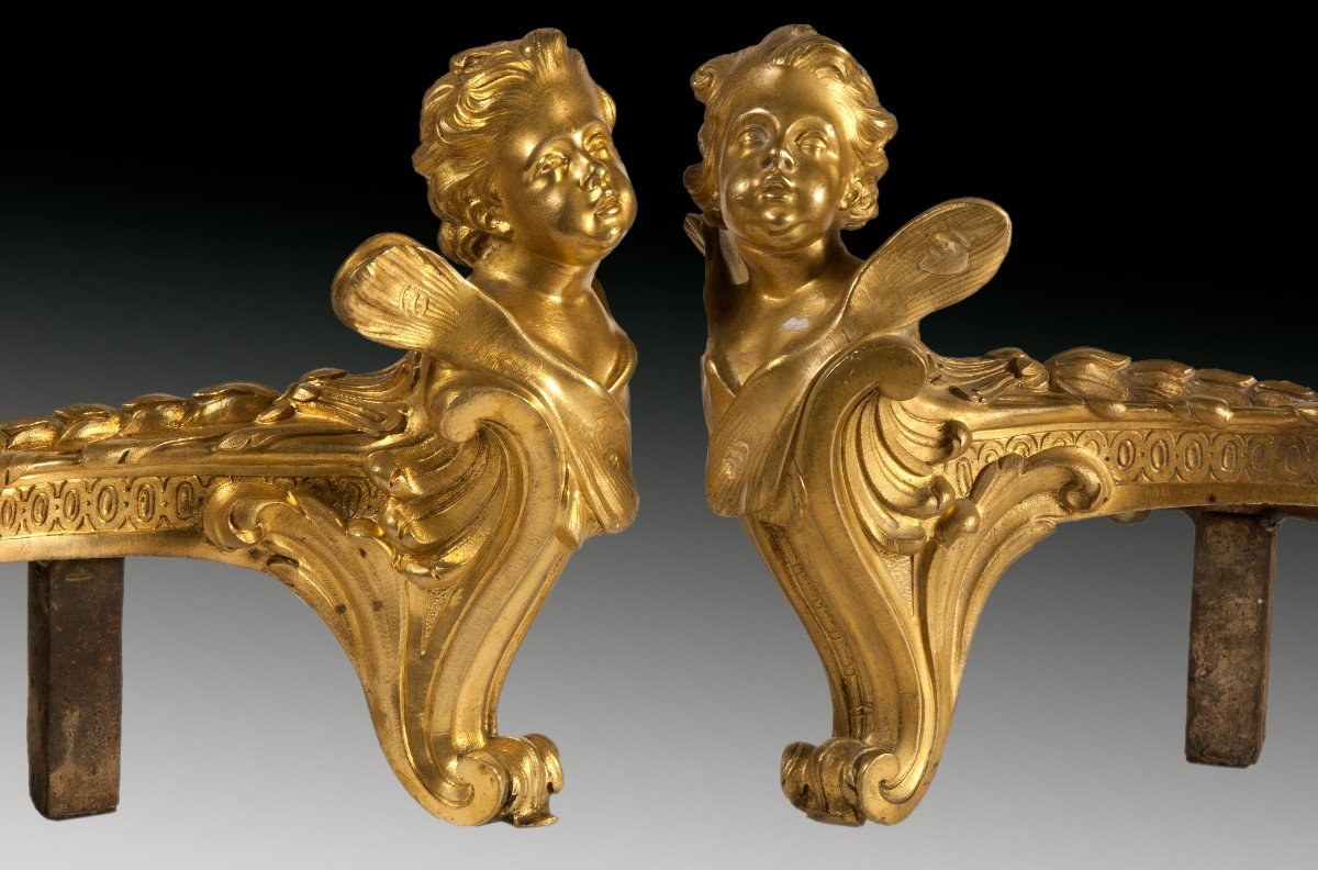 Pair Of Gilt Bronze And Iron Andirons. France, 19th Century. -photo-4