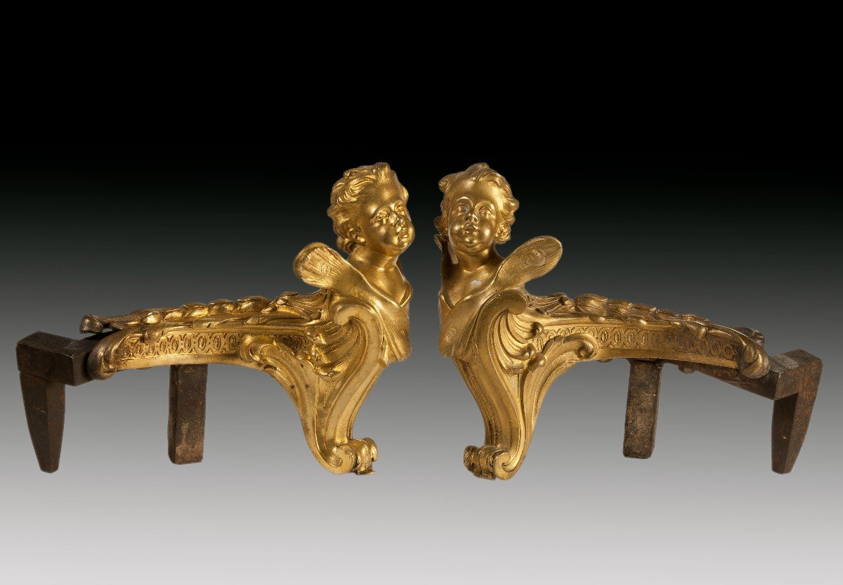 Pair Of Gilt Bronze And Iron Andirons. France, 19th Century. 