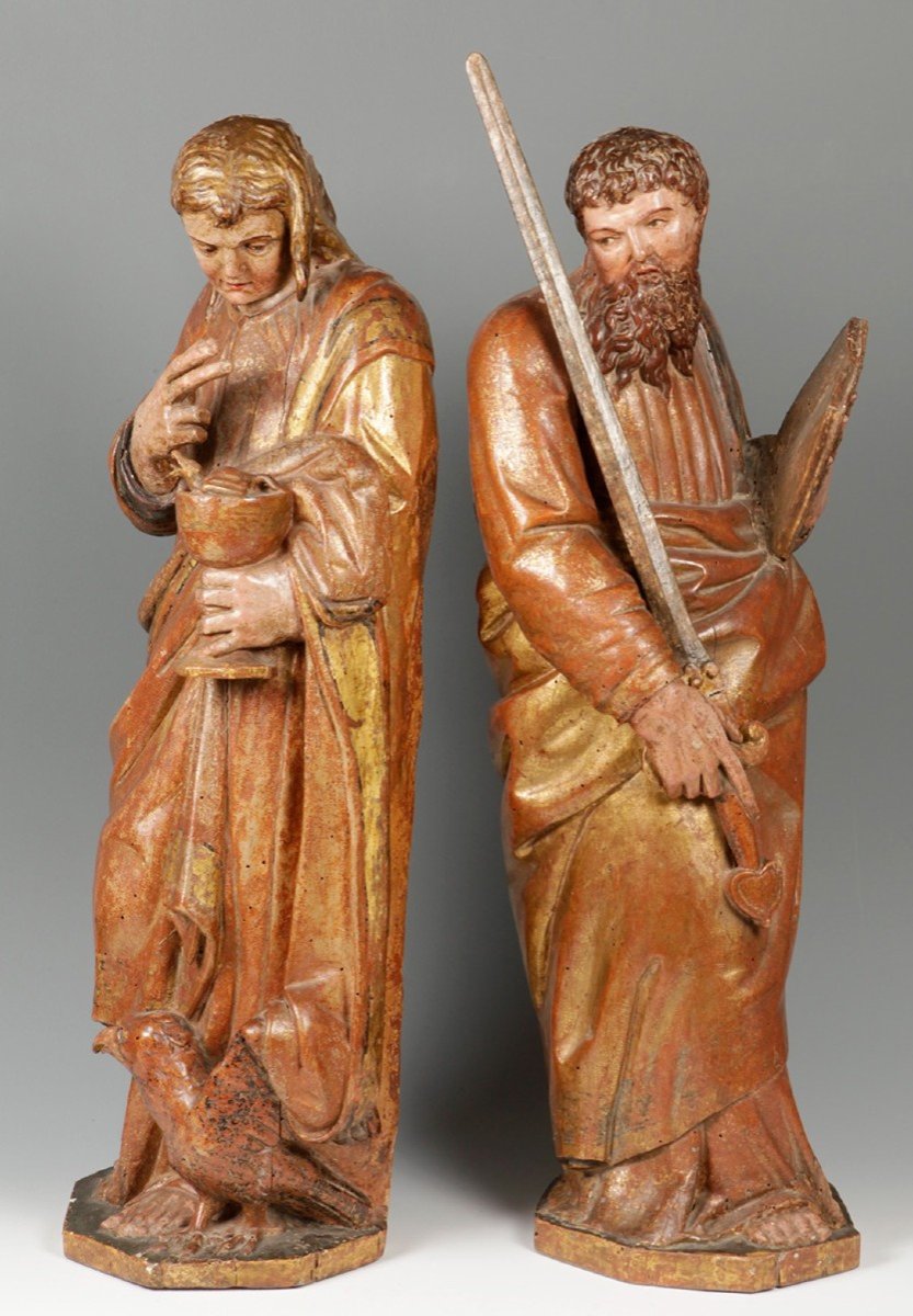 Paire De Sculptures En Bois Polychrome. "saint Jean Et Saint Paul. école Castillane, XVIe S.-photo-3