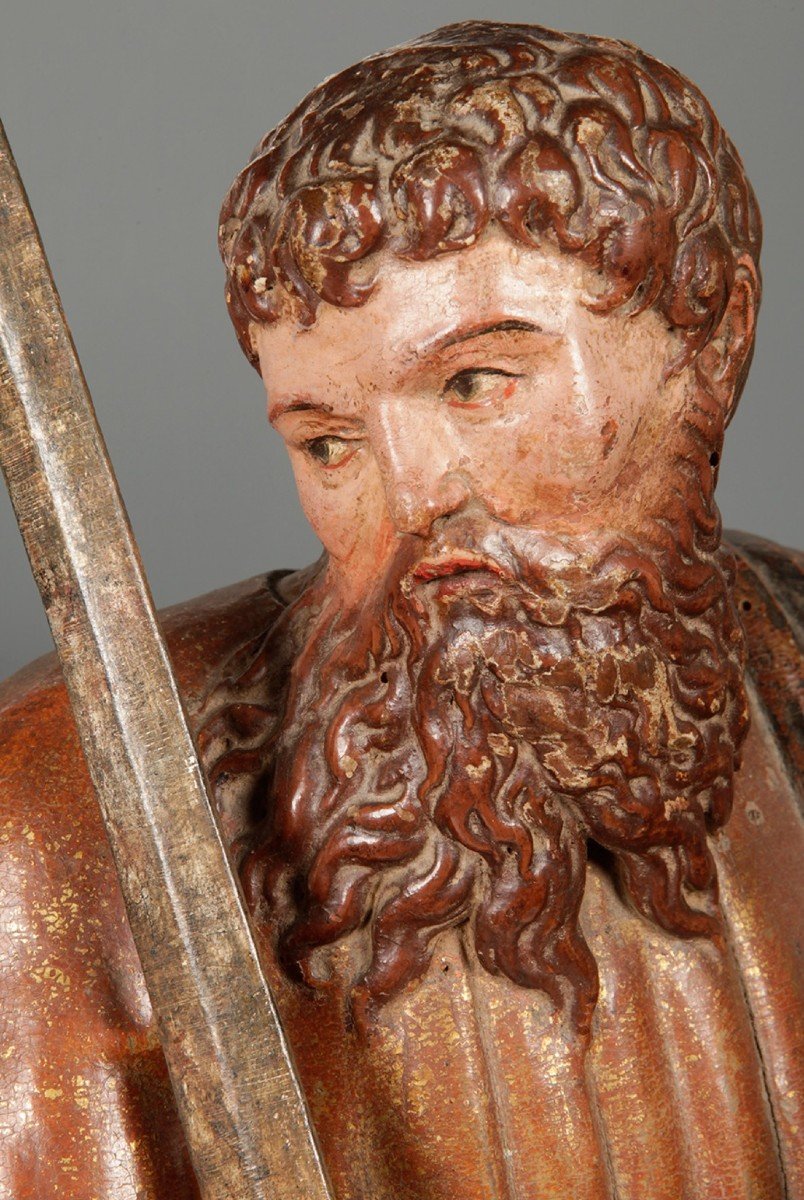 Pair Of Polychrome Wooden Sculptures. "saint John And Saint Paul. Castilian School, 16th Century.-photo-2