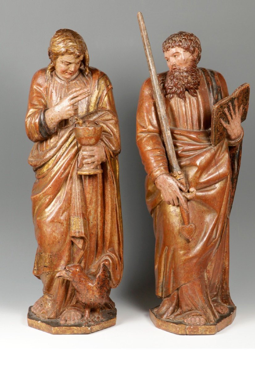 Paire De Sculptures En Bois Polychrome. "saint Jean Et Saint Paul. école Castillane, XVIe S.