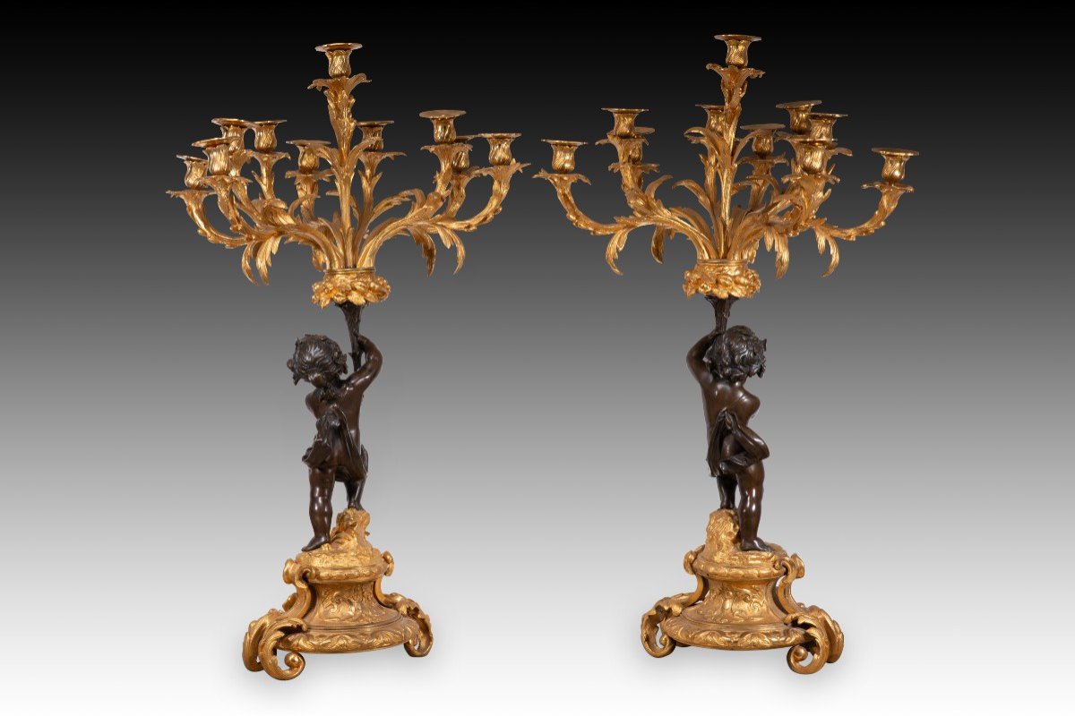 Pair Of Candlesticks. Gilt And Blued Bronze. France, 19th Century. -photo-1