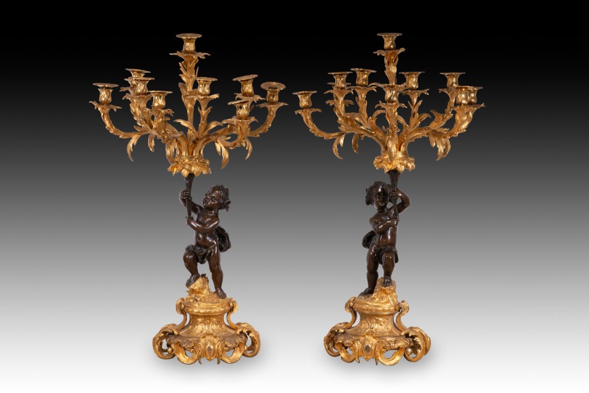 Pair Of Candlesticks. Gilt And Blued Bronze. France, 19th Century. 