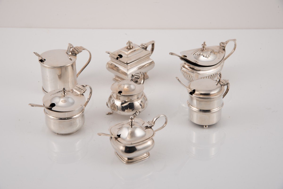 Seven Mustar Pots With Spoons. Silver, Glass. England, 20th Century. -photo-2