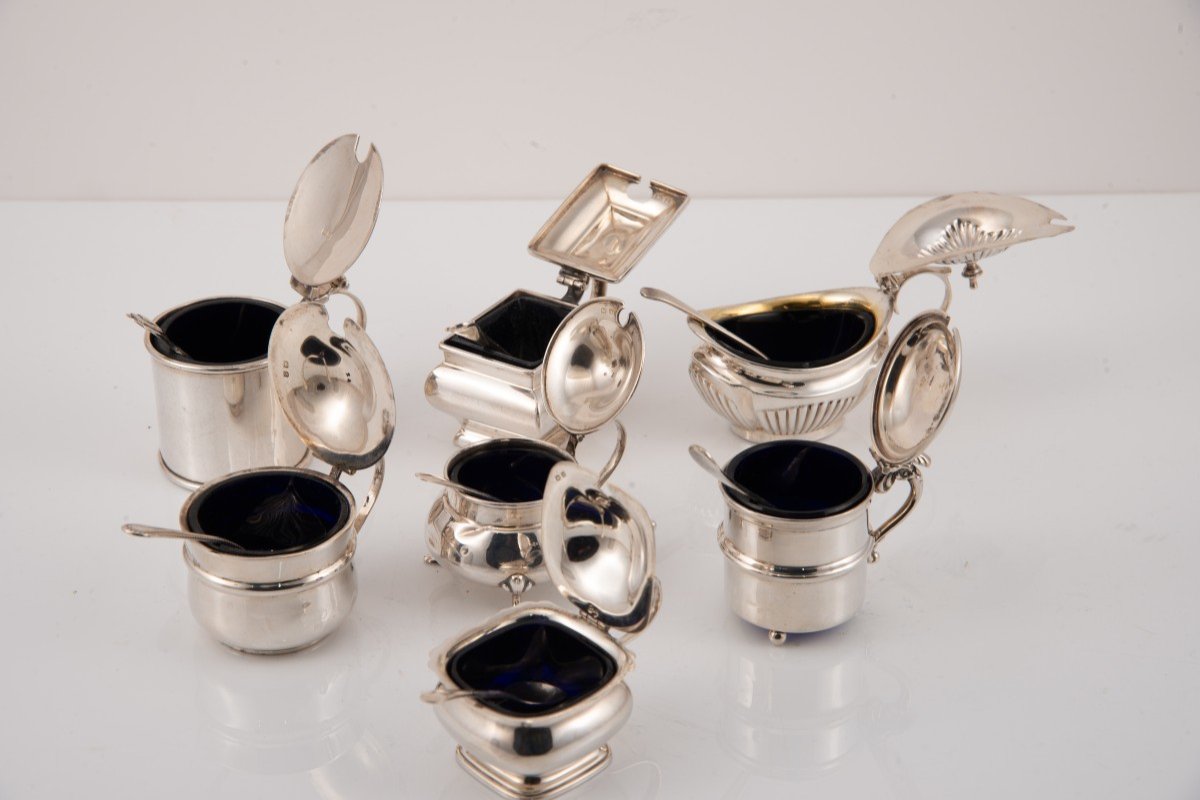 Seven Mustar Pots With Spoons. Silver, Glass. England, 20th Century. -photo-3