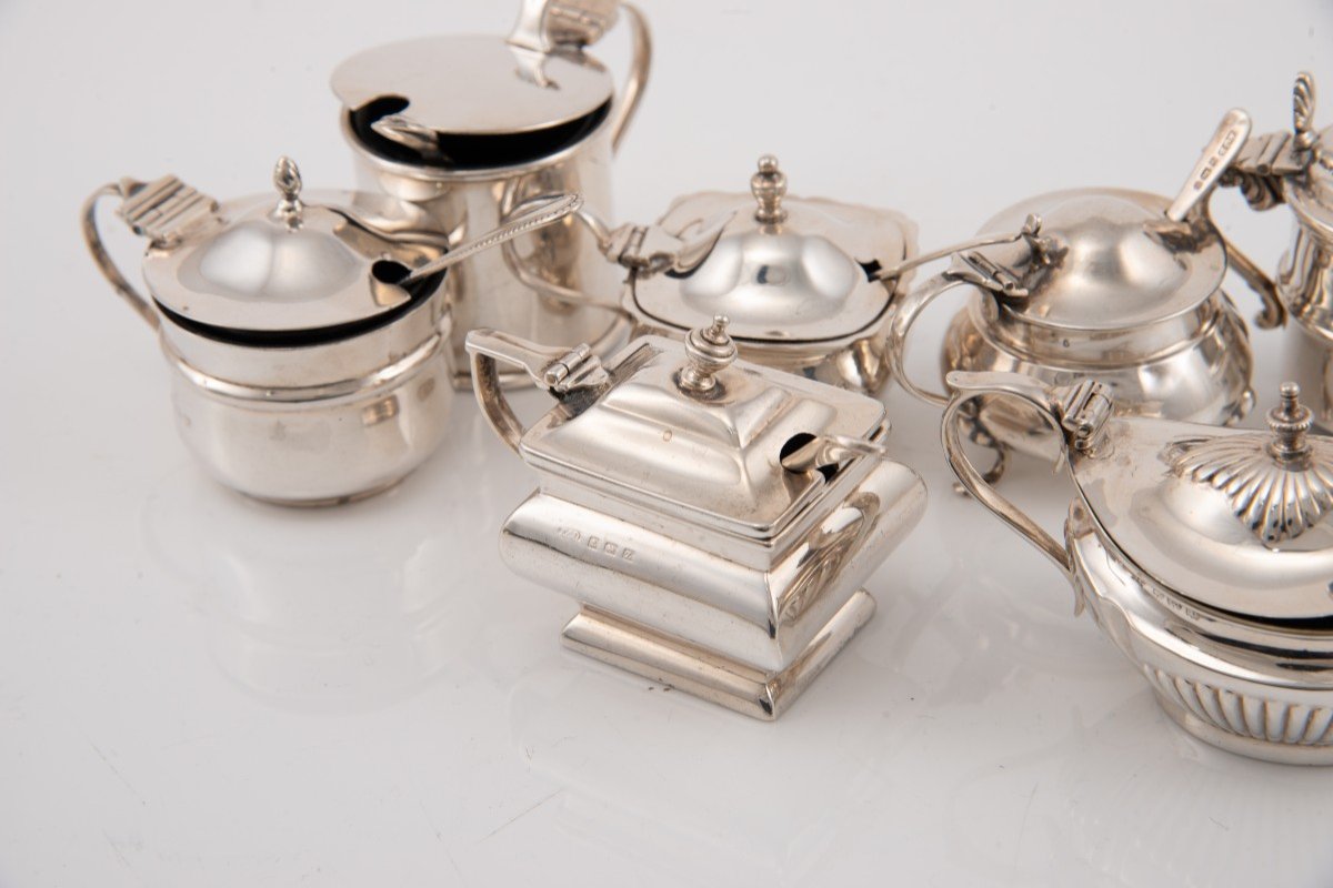 Seven Mustar Pots With Spoons. Silver, Glass. England, 20th Century. -photo-3