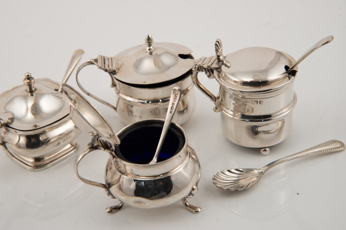 Seven Mustar Pots With Spoons. Silver, Glass. England, 20th Century. -photo-6