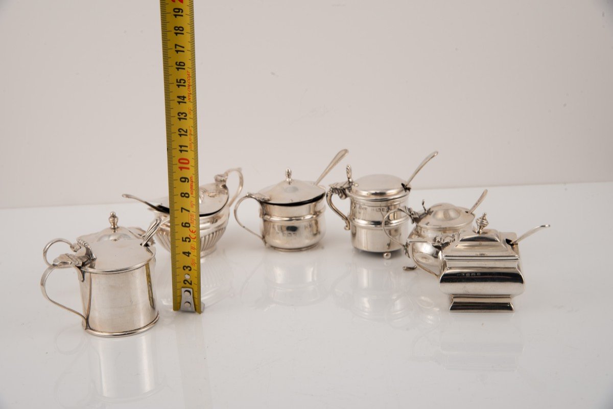 Seven Mustar Pots With Spoons. Silver, Glass. England, 20th Century. -photo-8