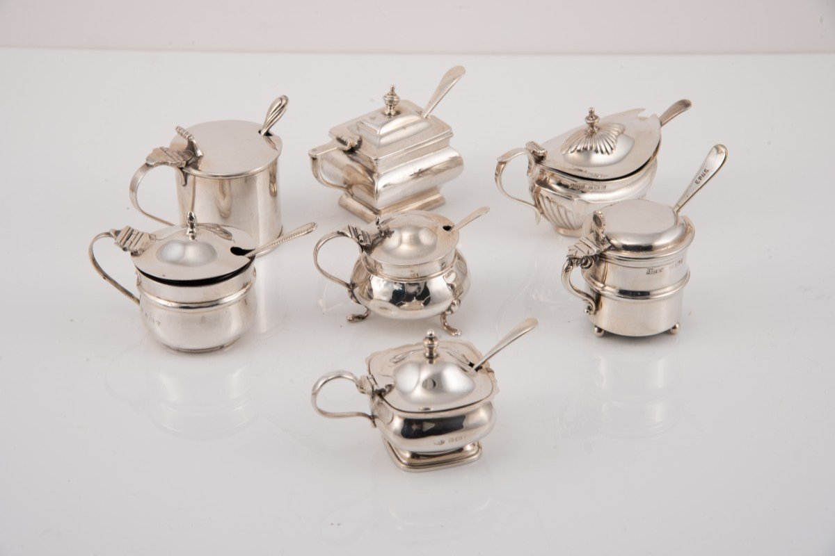 Seven Mustar Pots With Spoons. Silver, Glass. England, 20th Century. 